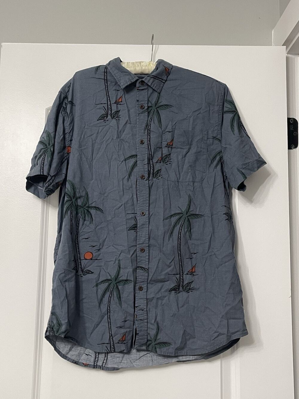Katin Men's M Regular Button-Up Shirt Short Sleeve Blue Palm Tree Spread Collar